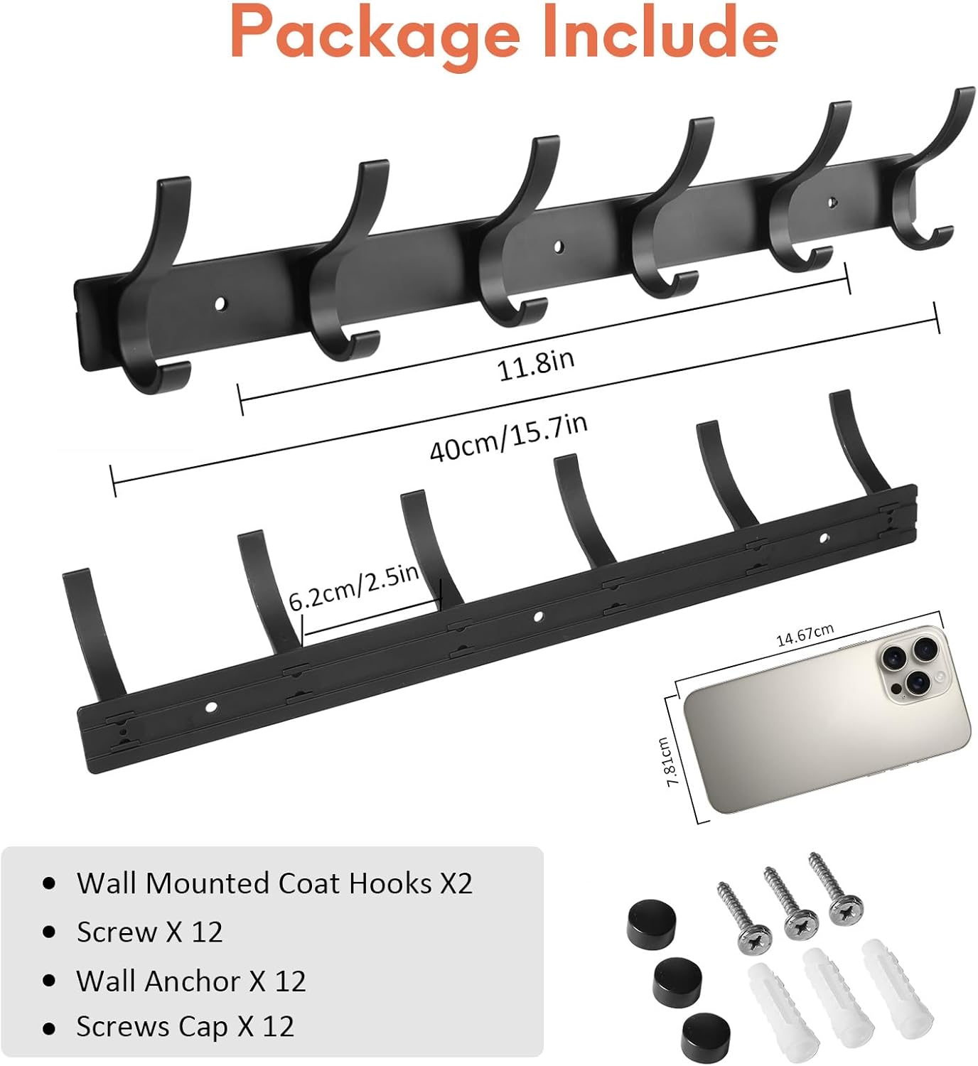 Optish Coat Rack Wall Mount. Wall Hooks for Hanging. Entry Coat Hooks Coat Hanger. Hat Rack Holder for Wall. Key Holder Purse Racks. Towel Rack for Bathrooms (2 Pack. Black) - Image 2