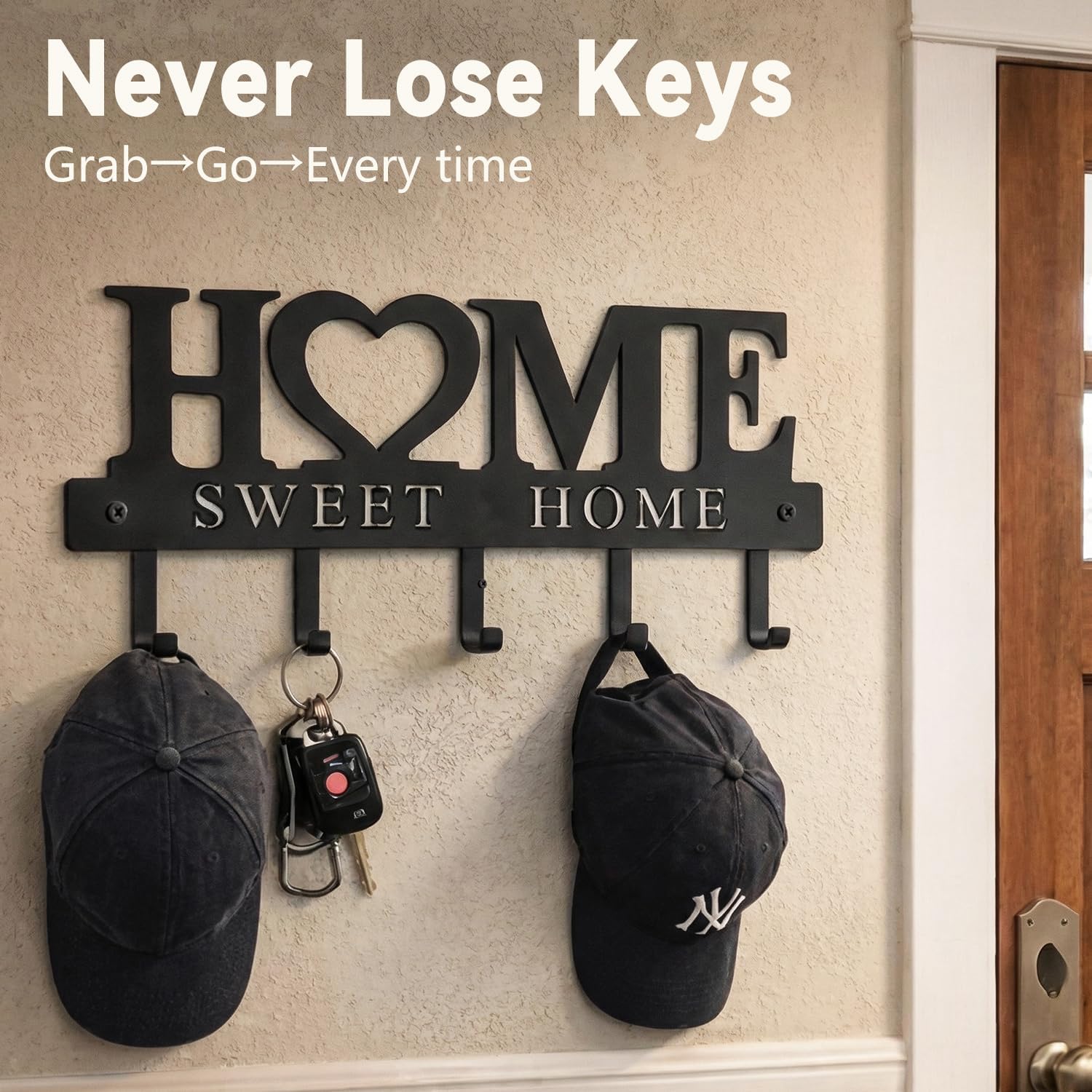 Entryway Wall Key Holder with 5 Hooks. Metal Key Rack Wall Mount for Keys. Bags and Leashes. Decorative Organizer for Entryway. Mudroom or Hallway. Sweet Home Design. 9.8 inches. Black - Image 3