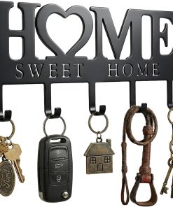 Entryway Wall Key Holder with 5 Hooks. Metal Key Rack Wall Mount for Keys. Bags and Leashes. Decorative Organizer for Entryway. Mudroom or Hallway. Sweet Home Design. 9.8 inches. Black