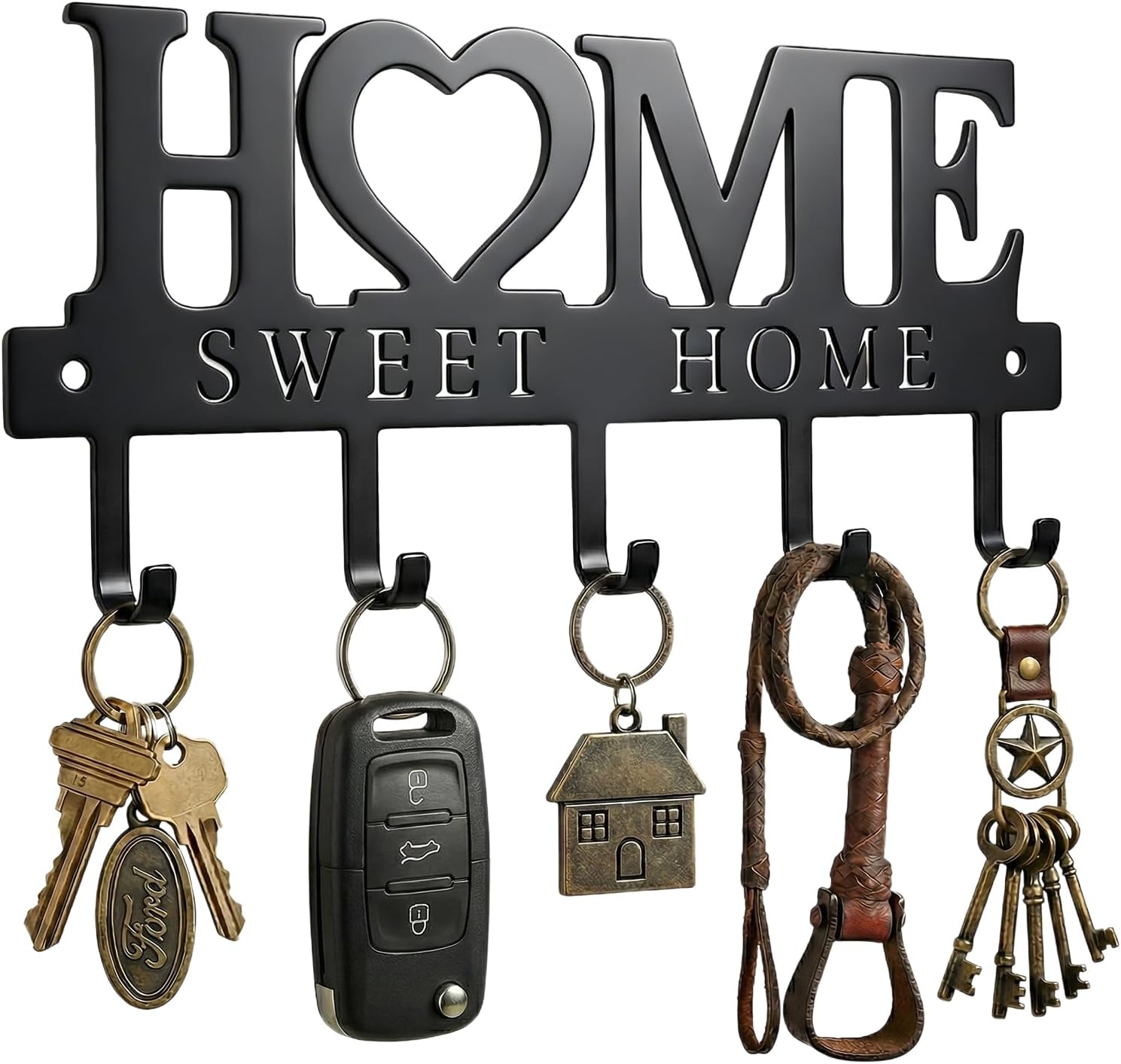 Entryway Wall Key Holder with 5 Hooks. Metal Key Rack Wall Mount for Keys. Bags and Leashes. Decorative Organizer for Entryway. Mudroom or Hallway. Sweet Home Design. 9.8 inches. Black