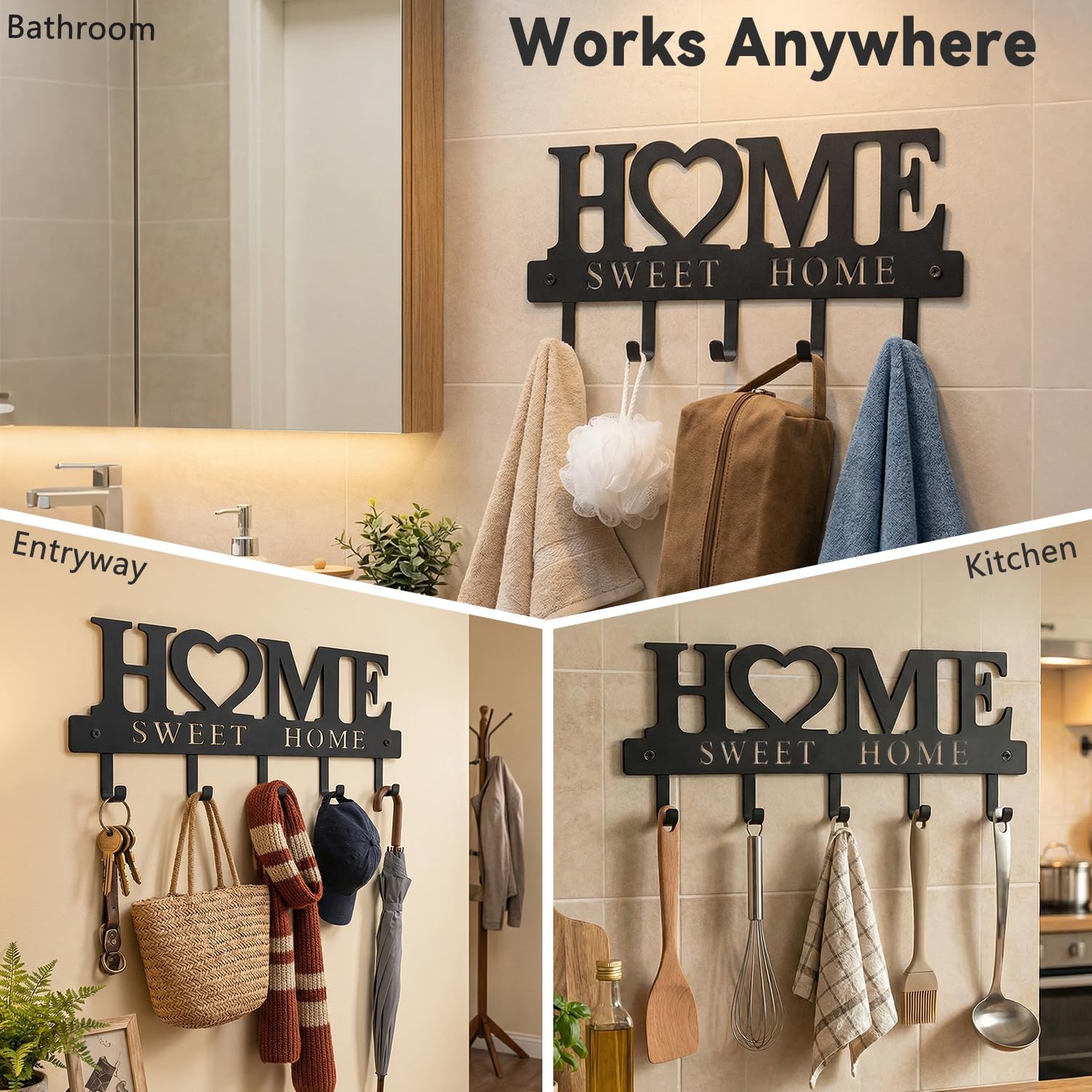 Entryway Wall Key Holder with 5 Hooks. Metal Key Rack Wall Mount for Keys. Bags and Leashes. Decorative Organizer for Entryway. Mudroom or Hallway. Sweet Home Design. 9.8 inches. Black - Image 4